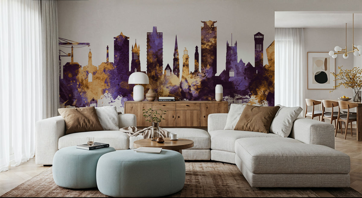 Plymouth England Skyline Purple & Gold Mural Wallpaper - room preview 05