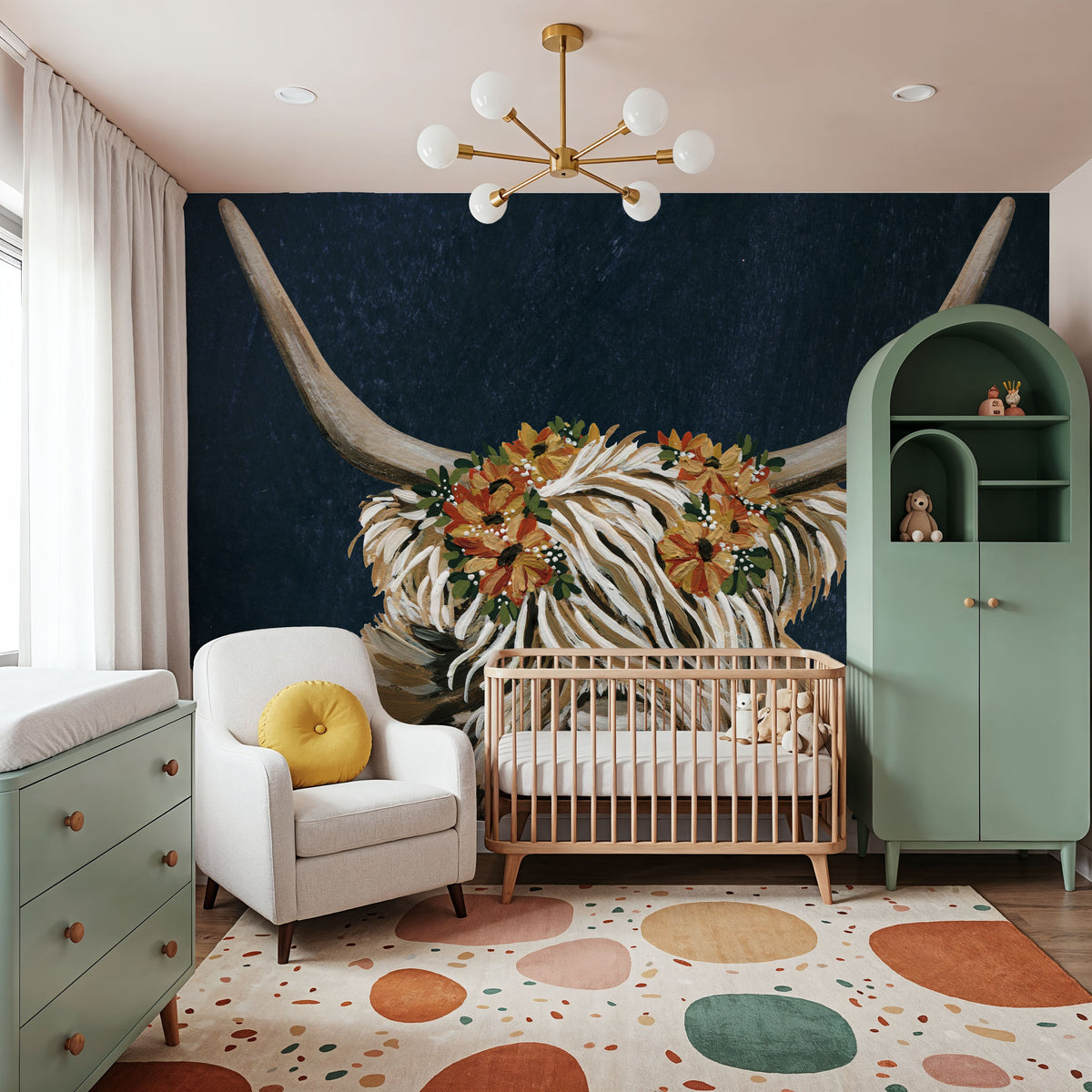 Harvest Cow Floral Texture Dark Mural Wallpaper - room preview 05