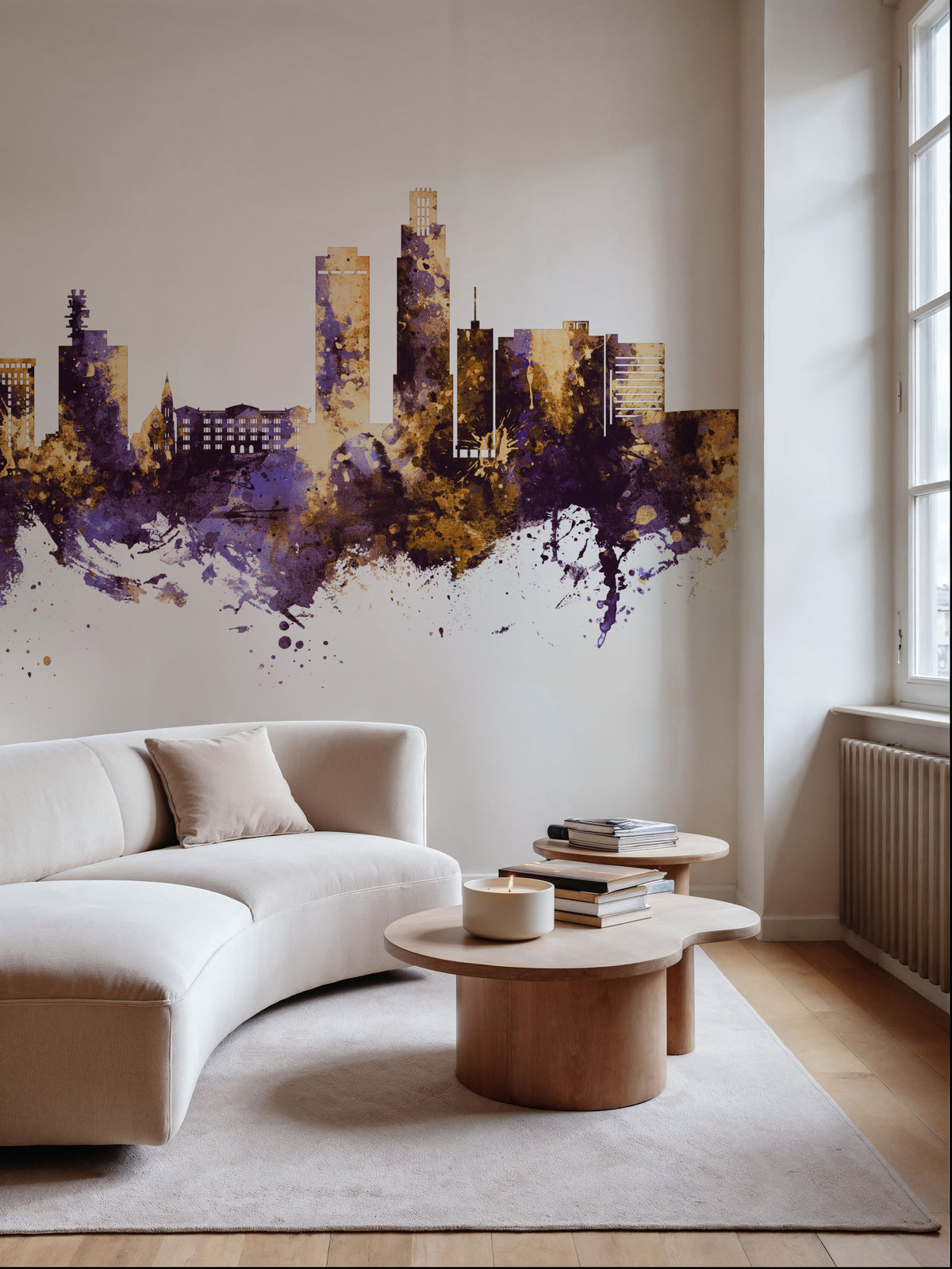 Omaha Nebraska Skyline Purple & Gold Mural Wallpaper - room preview 05