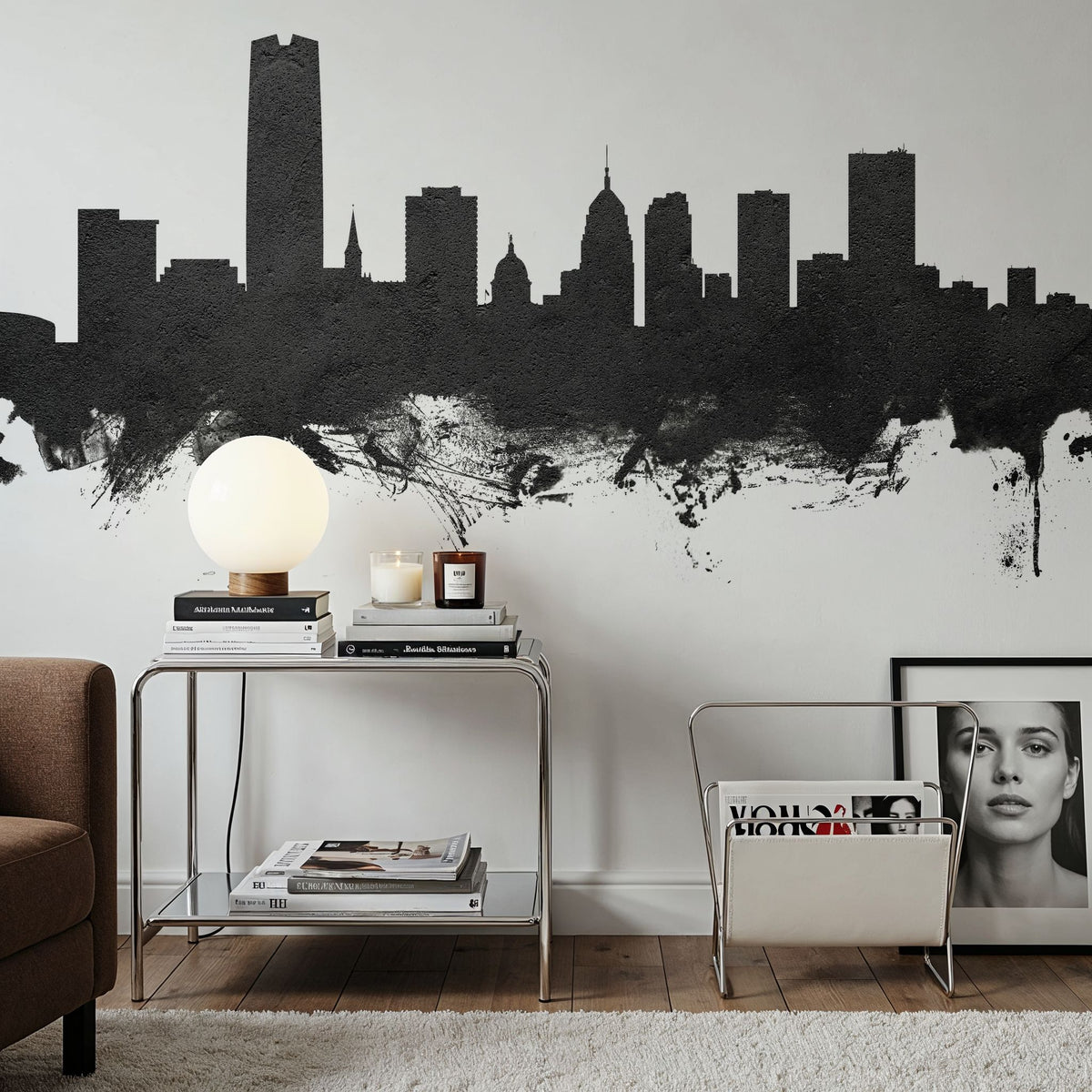 Oklahoma City Skyline Black & White Mural Wallpaper - room preview 05