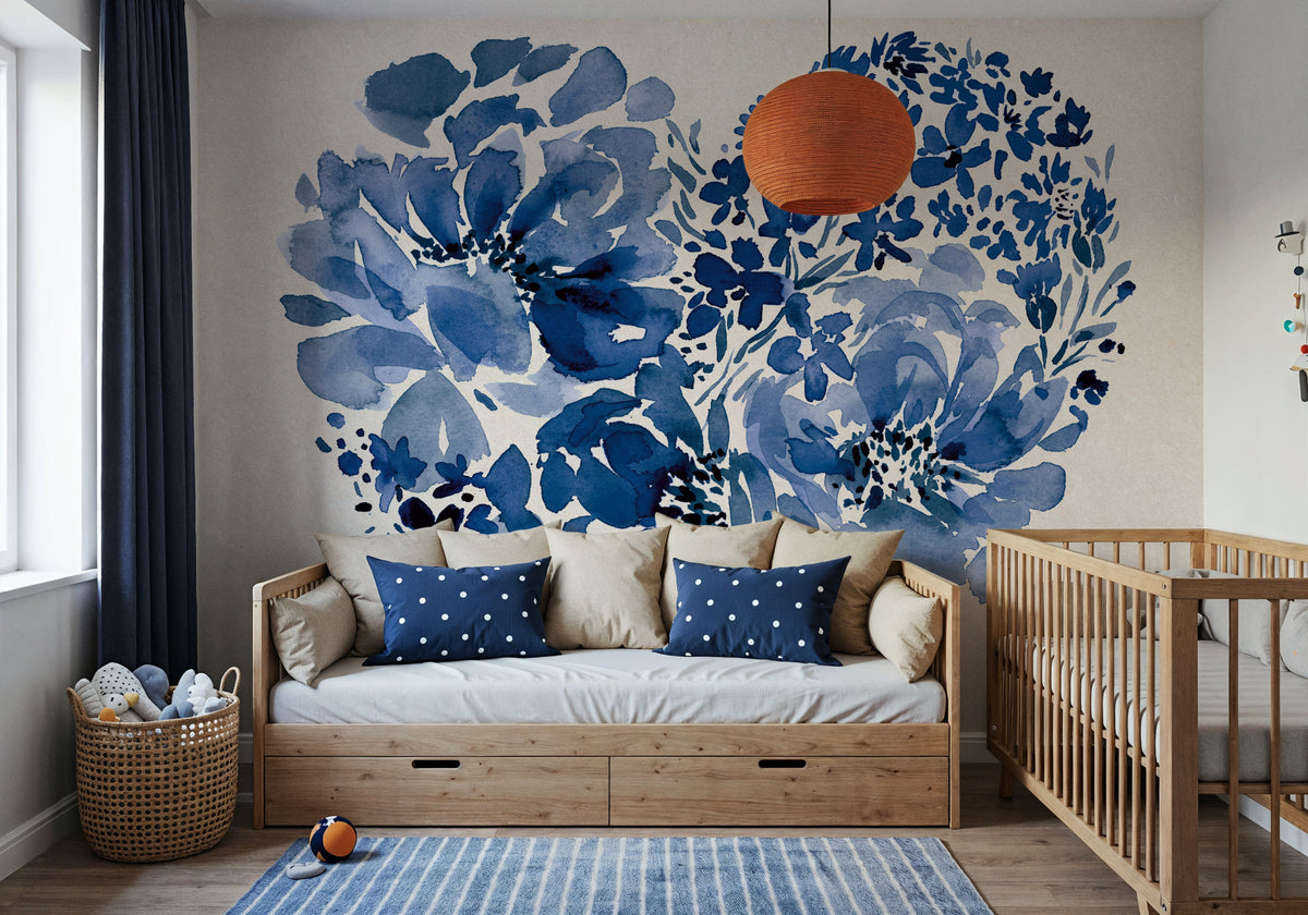 Blue Floral Heart Mural Wallpaper - room preview 05