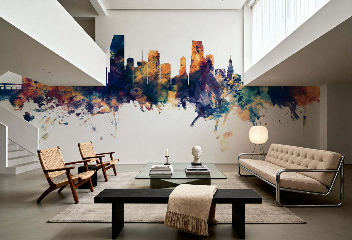 Miami Florida Skyline Blue & Bronze Mural Wallpaper - room preview 05