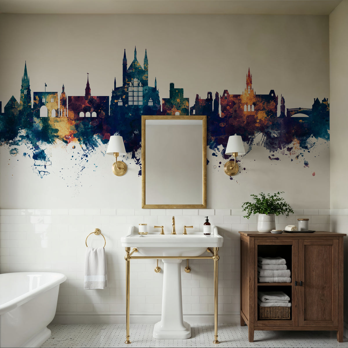 Winchester England Skyline Blue & Bronze Mural Wallpaper - room preview 05