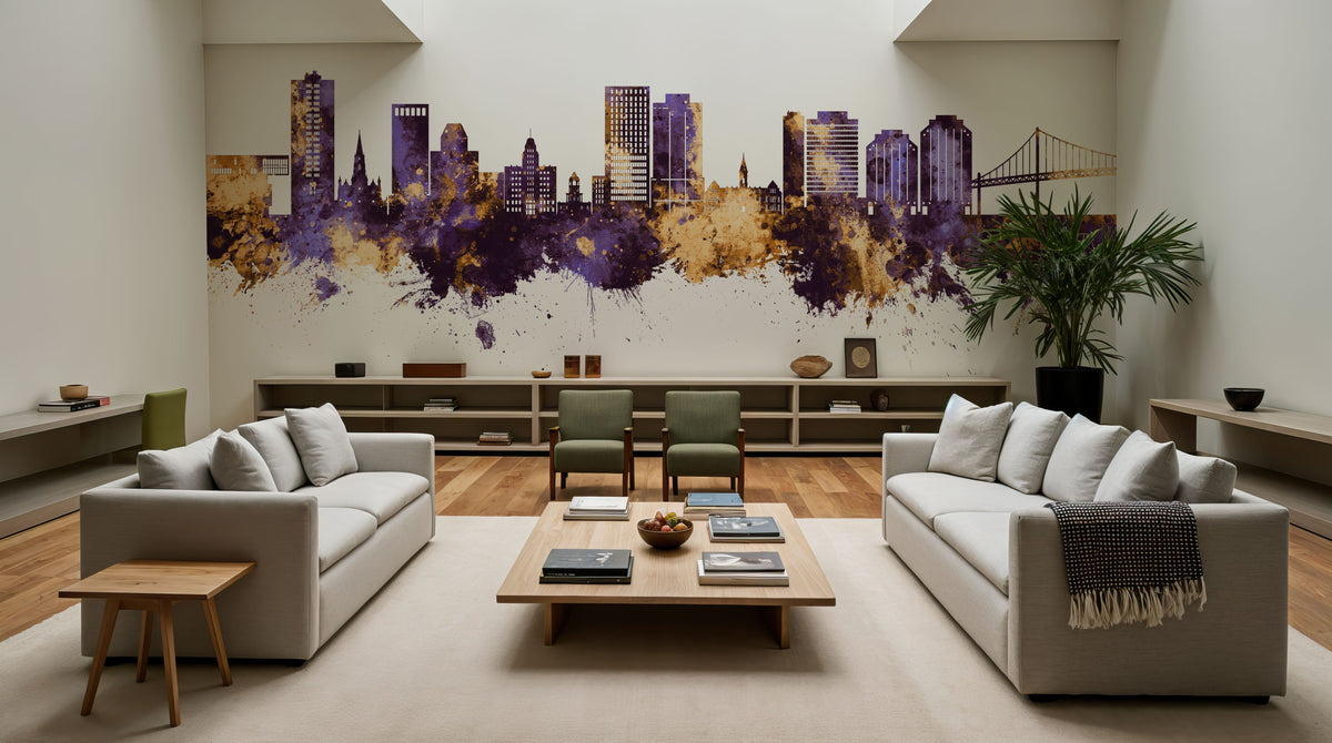 Halifax Canada Skyline Purple & Gold Mural Wallpaper - room preview 05