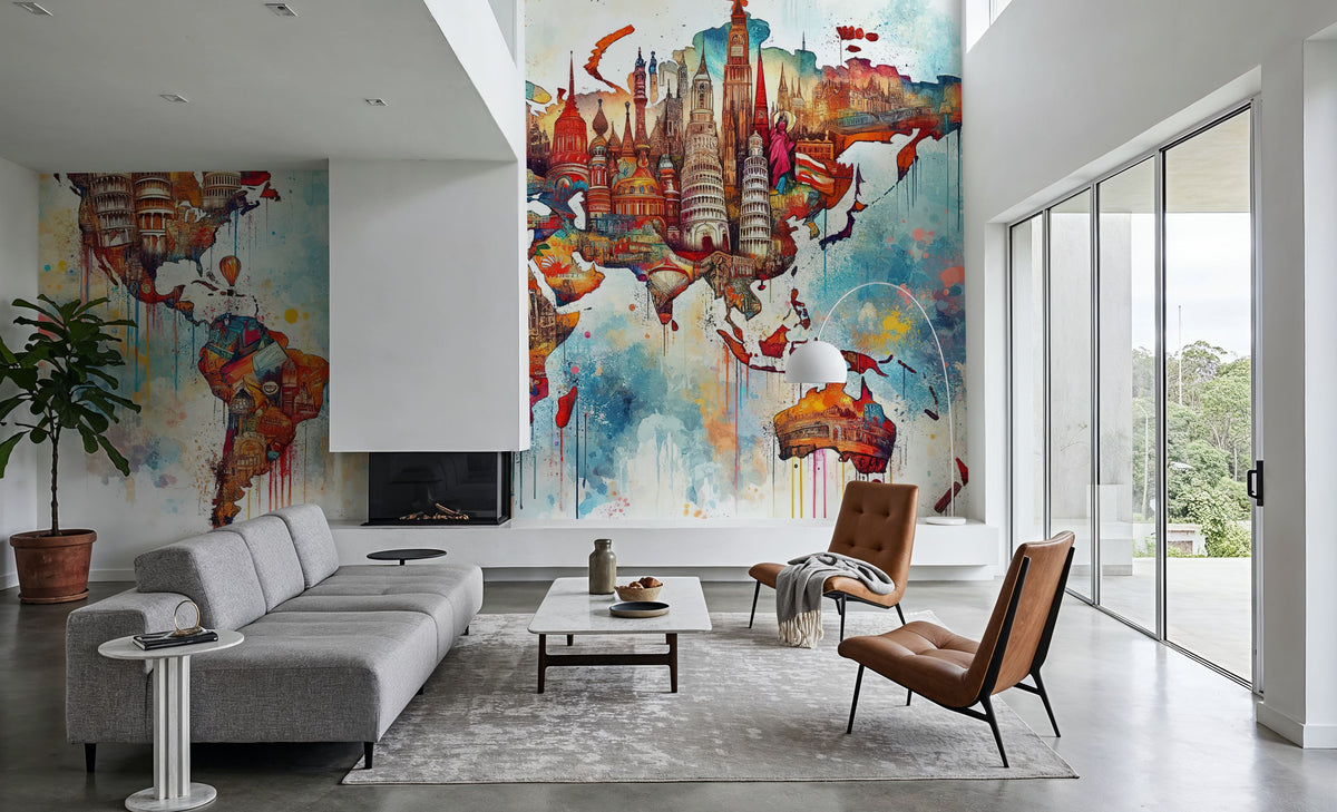 Watercolor World Map Landmarks Mural Wallpaper - room preview 05