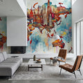 Watercolor World Map Landmarks Mural Wallpaper - room preview 05