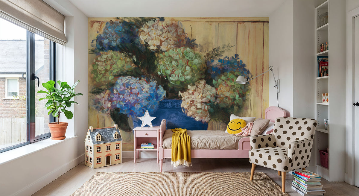 Summer Hydrangea Blue Pot Mural Wallpaper - room preview 05
