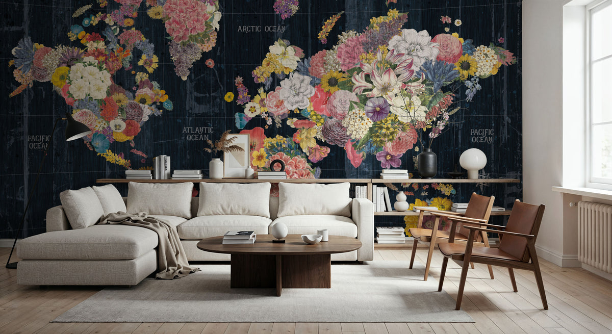 Botanical Floral Map Words Mural Wallpaper - room preview 05