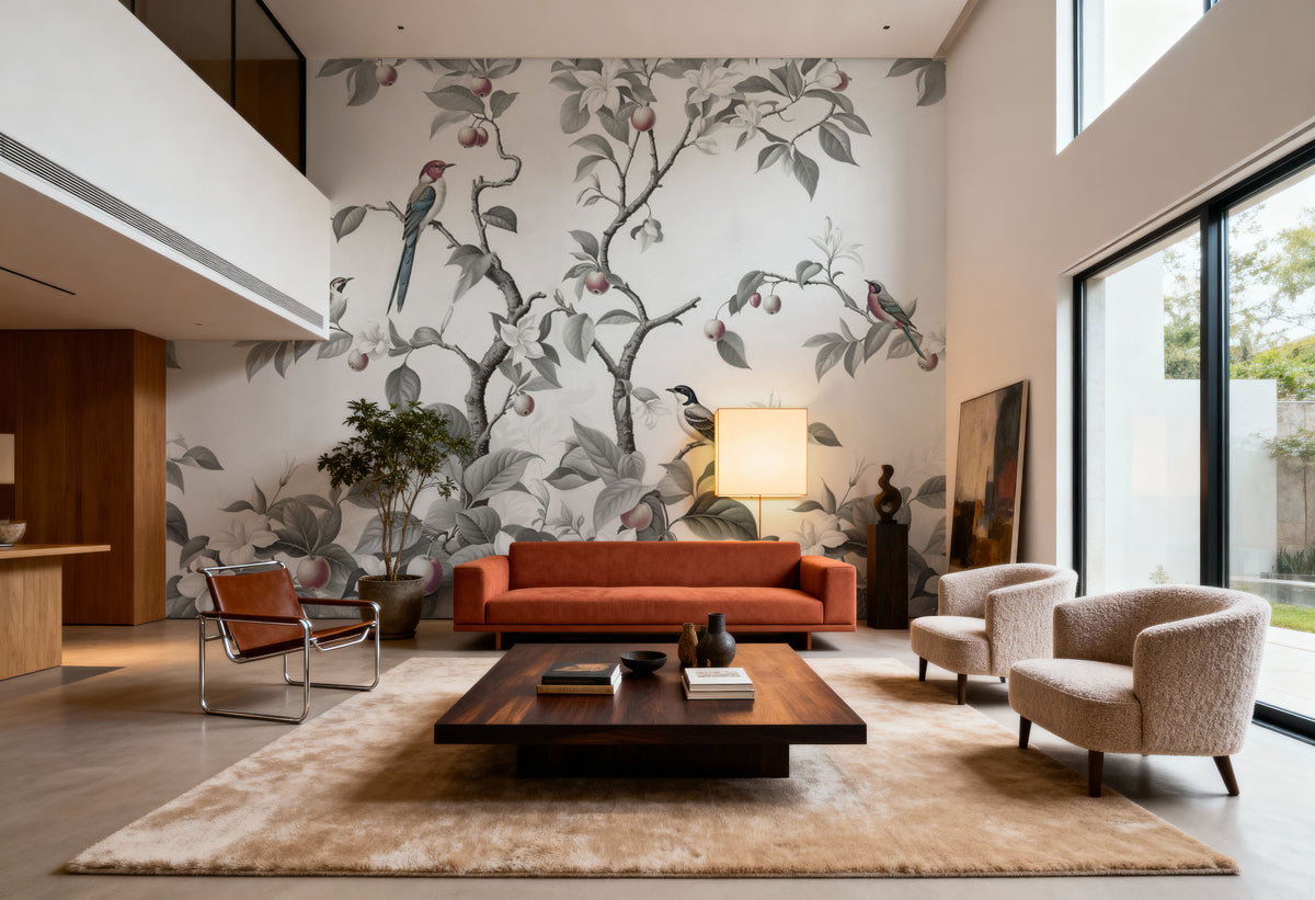 Bird Harmony, Gray Mural Wallpaper - room preview 05