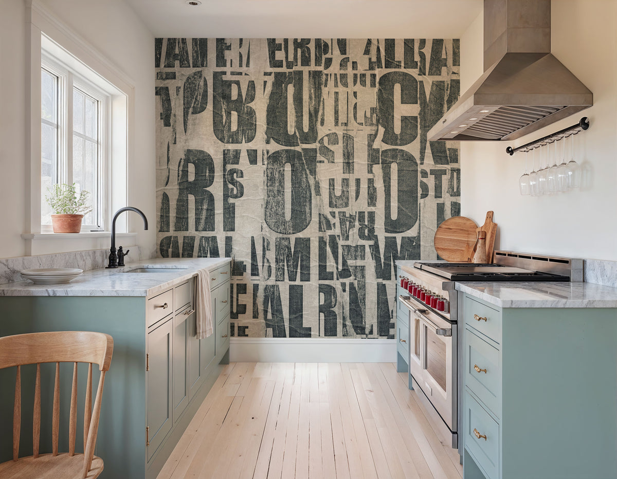 Letterpress Vintage Newspaper Collage Mural Wallpaper - room preview 05
