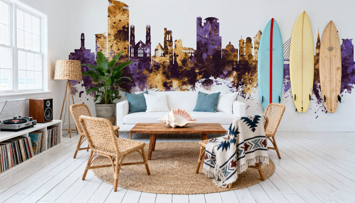Swansea Wales Skyline Purple & Gold Mural Wallpaper - room preview 05