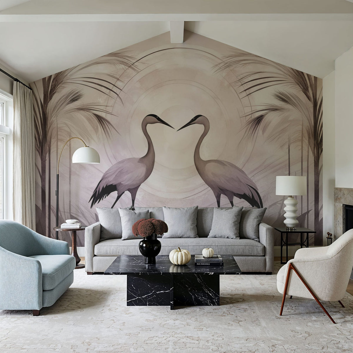 Cranes At Sunset Pink Mural Wallpaper - room preview 05