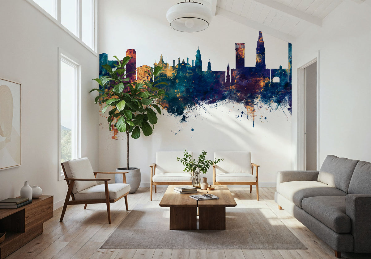 Leicester England Skyline Blue & Bronze Mural Wallpaper - room preview 05