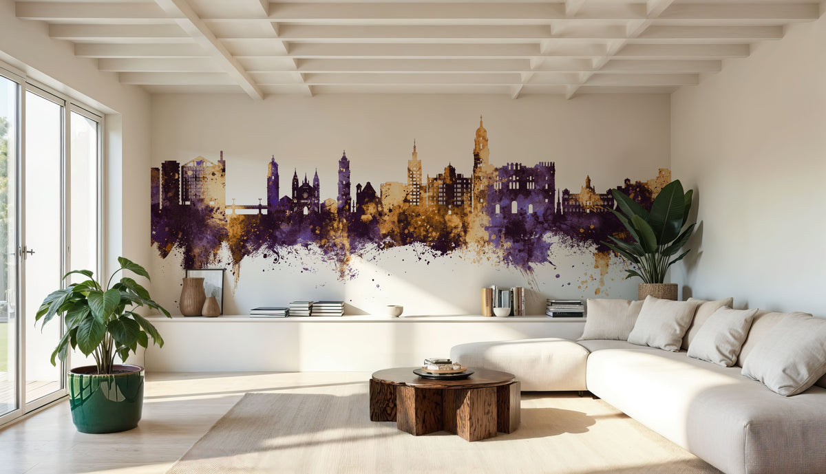 Málaga Spain Skyline Purple & Gold Mural Wallpaper - room preview 05