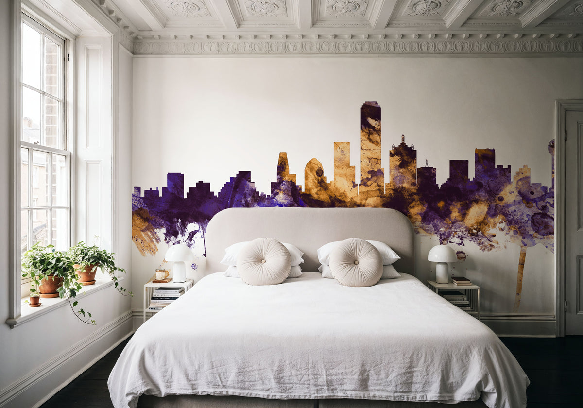 Dallas Skyline Purple & Gold Mural Wallpaper - room preview 05