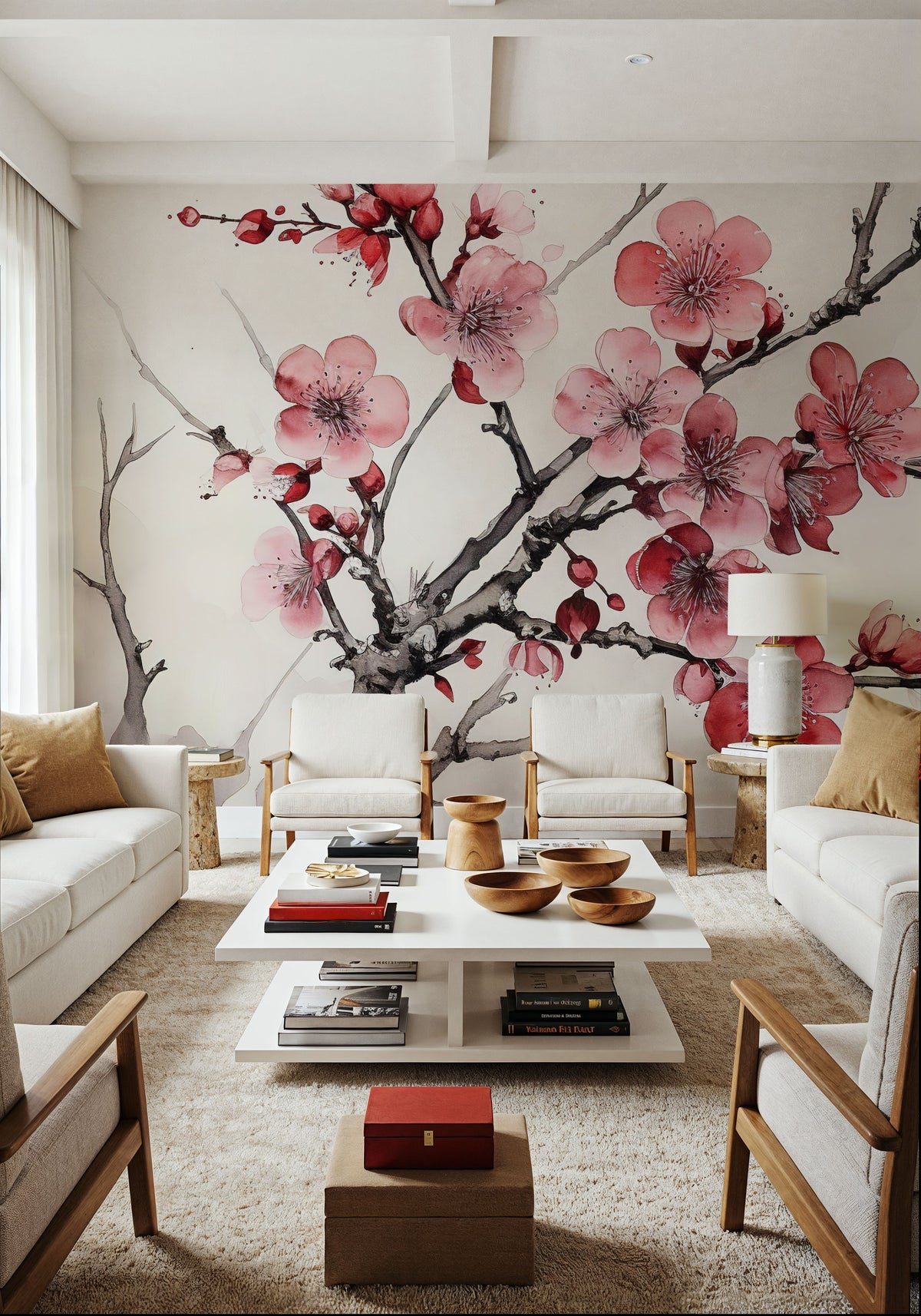 Ink Cherry Blossoms Branches Mural Wallpaper - room preview 05