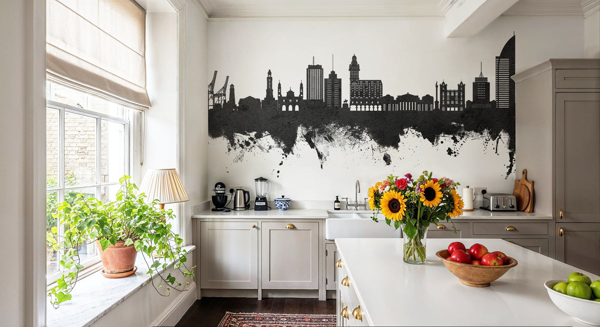 Montevideo Uruguay Skyline Black & White Mural Wallpaper - room preview 05