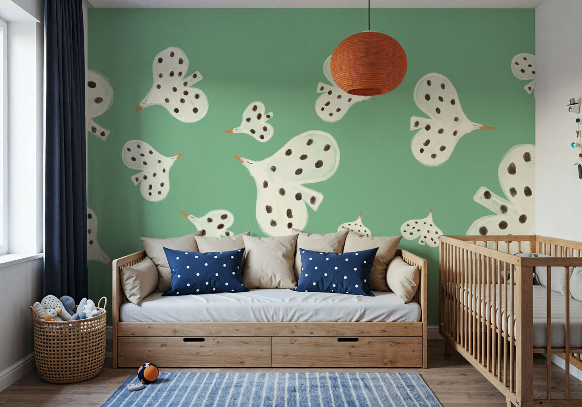Birds Flying High, Emerald Mural Wallpaper - room preview 05