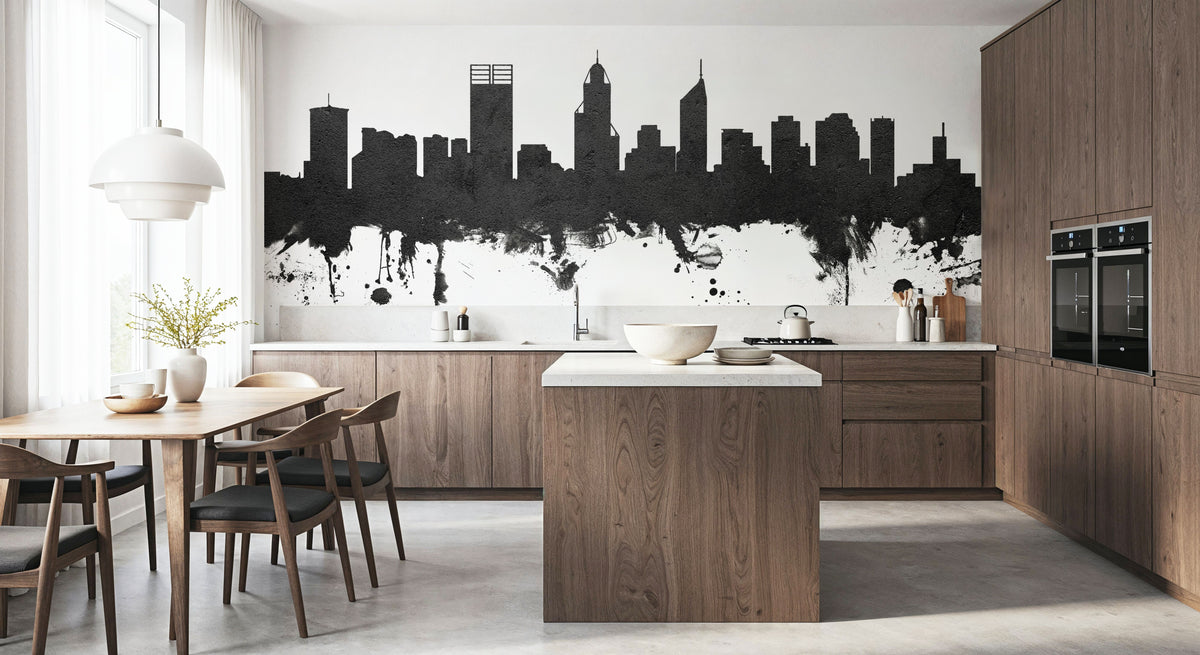 Perth Australia Skyline Black & White Mural Wallpaper - room preview 05
