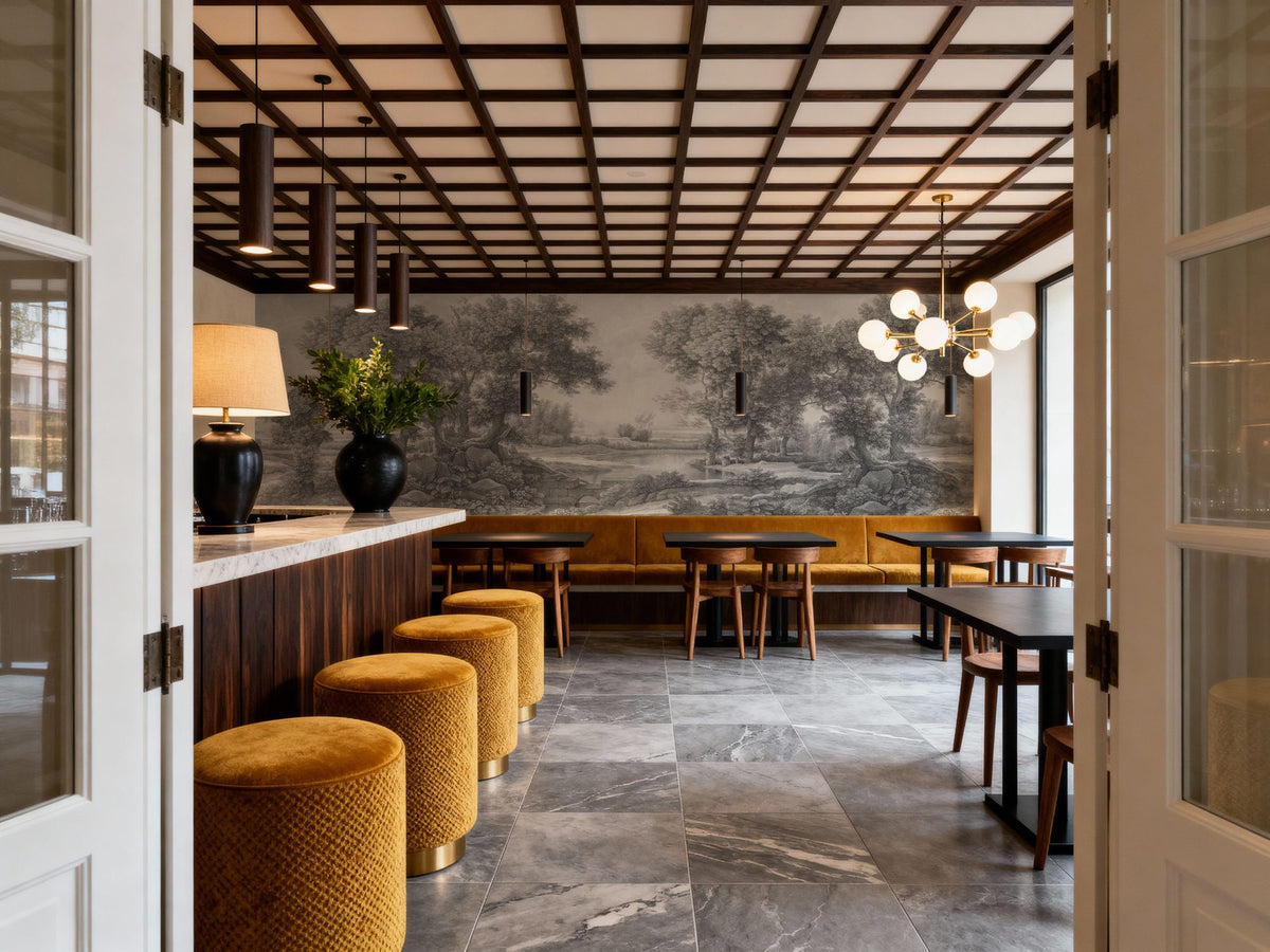 Riverbank Oak Landscape, Pewter Mural Wallpaper - room preview 05