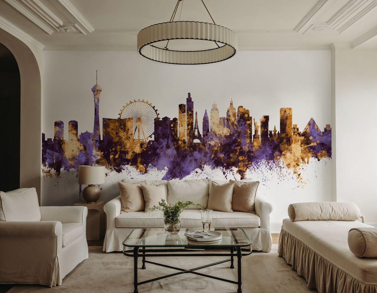 Las Vegas Nevada Skyline Purple & Gold Mural Wallpaper - room preview 05