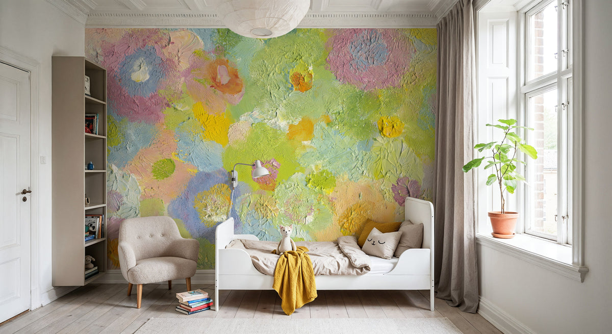 Happy Oil Painted Flowers, Green & Yellow Mural Wallpaper - room preview 05