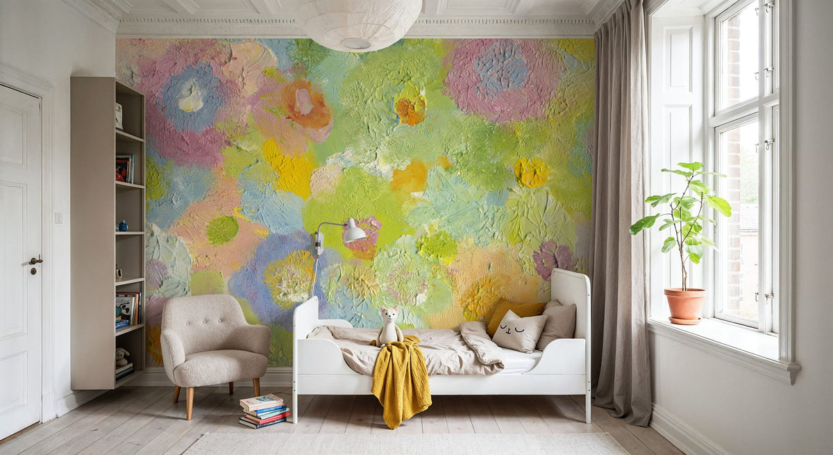 Happy Oil Painted Flowers, Green & Yellow Mural Wallpaper - room preview 06