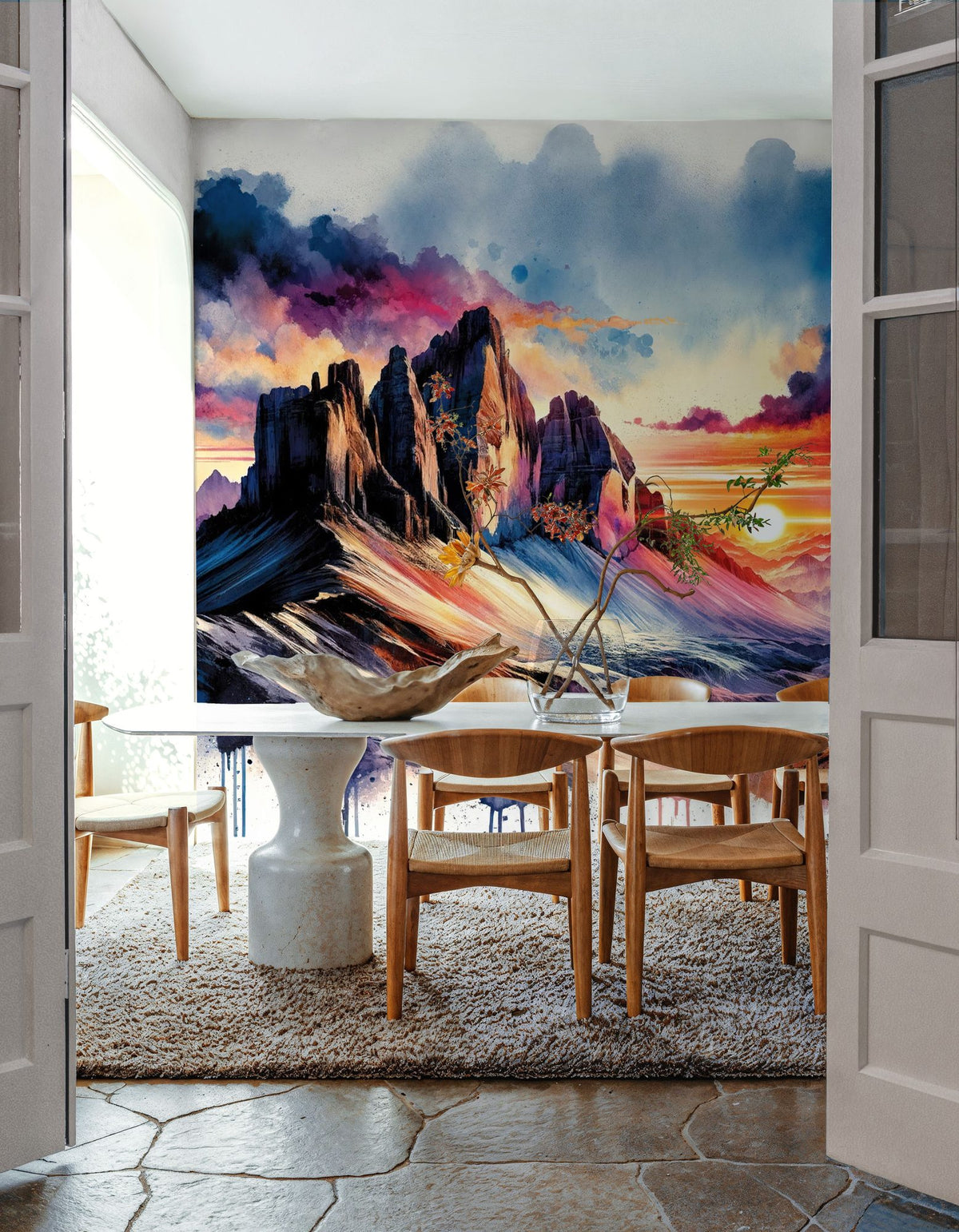 Watercolor Mountains Landscape At Sunset Mural Wallpaper - room preview 05