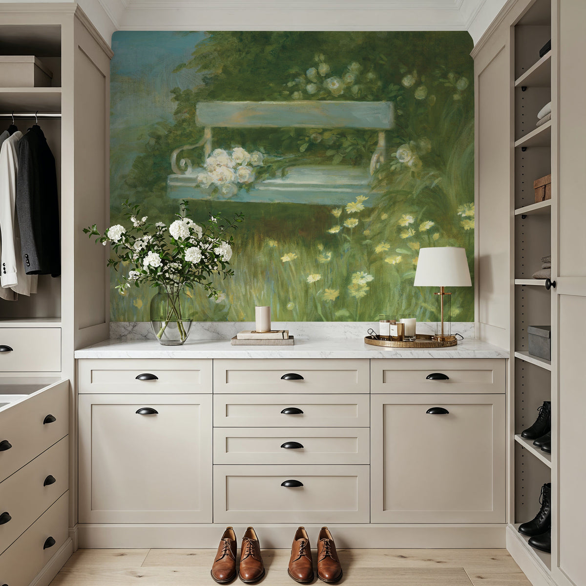 Garden Bench with Rose Bouquet Mural Wallpaper - room preview 05