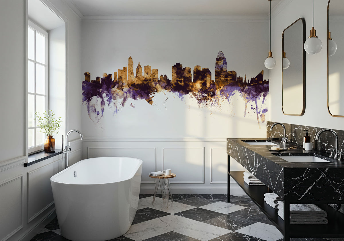 Cincinnati Ohio Skyline Purple & Gold Mural Wallpaper - room preview 05