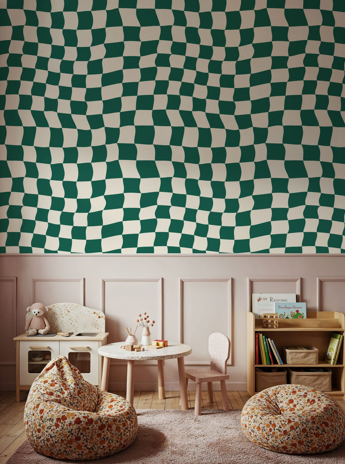 Warped Checkerboard, Forest Green Mural Wallpaper - room preview 05