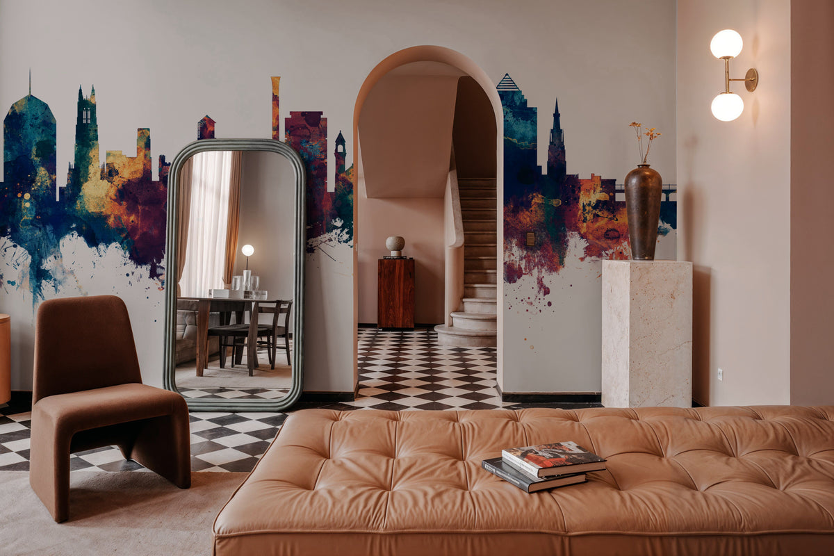 Durham North Carolina Skyline Blue & Bronze Mural Wallpaper - room preview 05