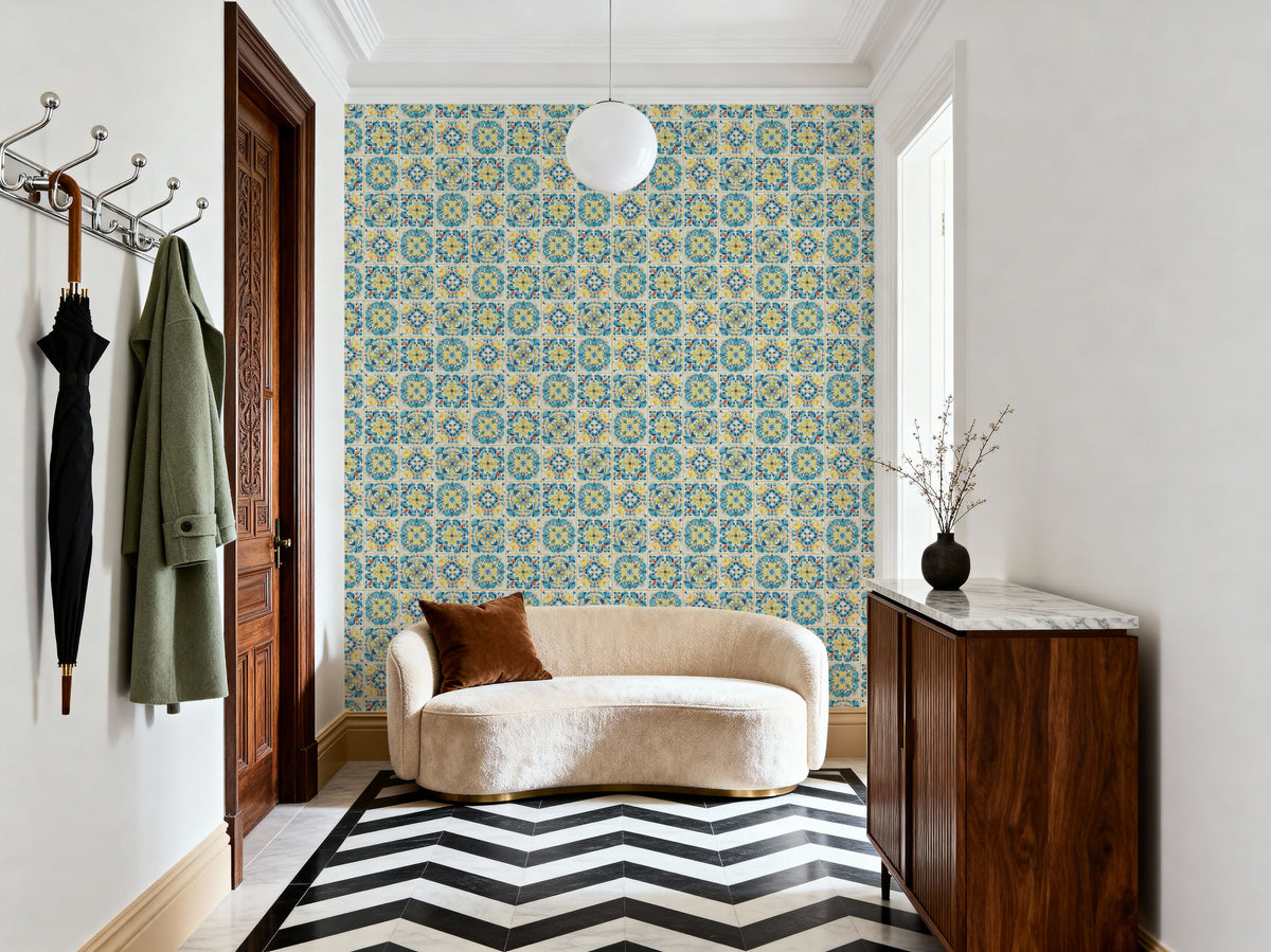 Maritime Tiles Yellow and Blue Mural Wallpaper - room preview 05
