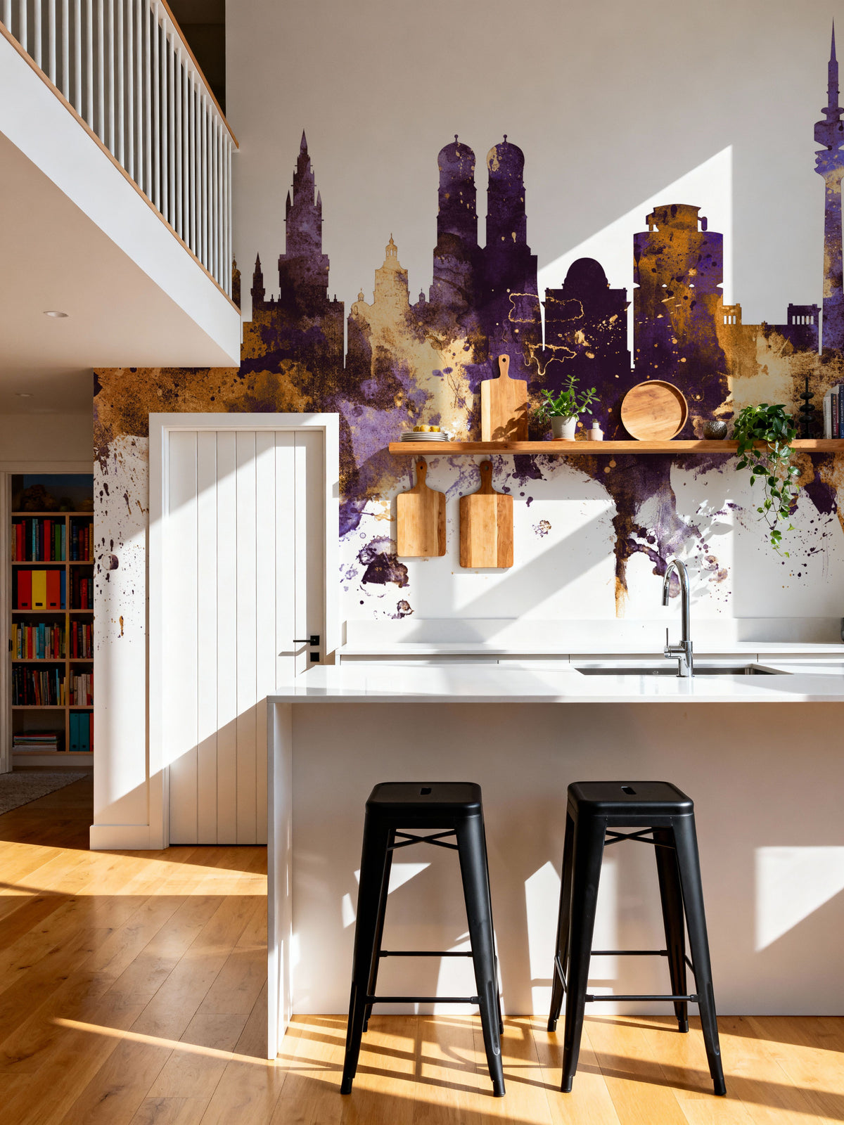 Munich Skyline Purple & Gold Mural Wallpaper - room preview 05