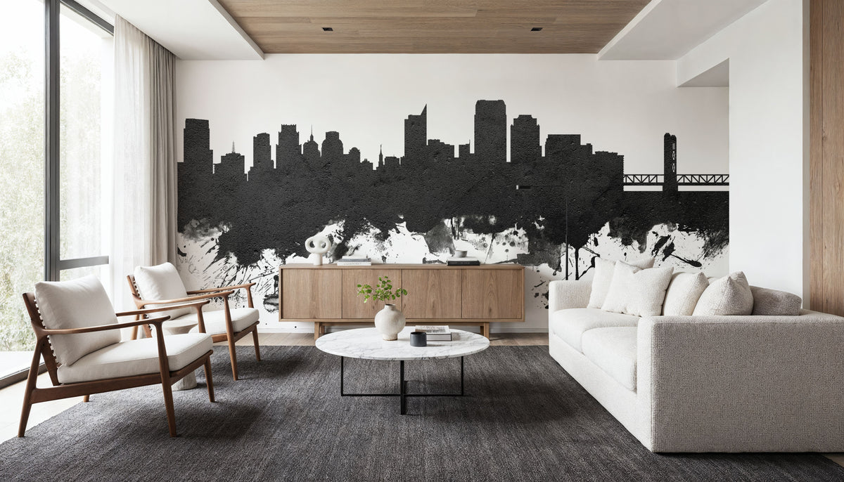 Sacramento California Skyline Black & White Mural Wallpaper - room preview 05