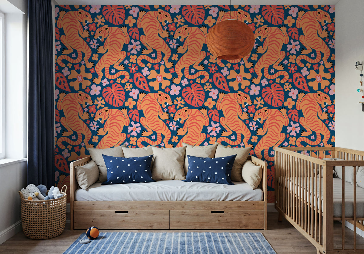 Otomi Cool Tigers, Orange & Navy Mural Wallpaper - room preview 05