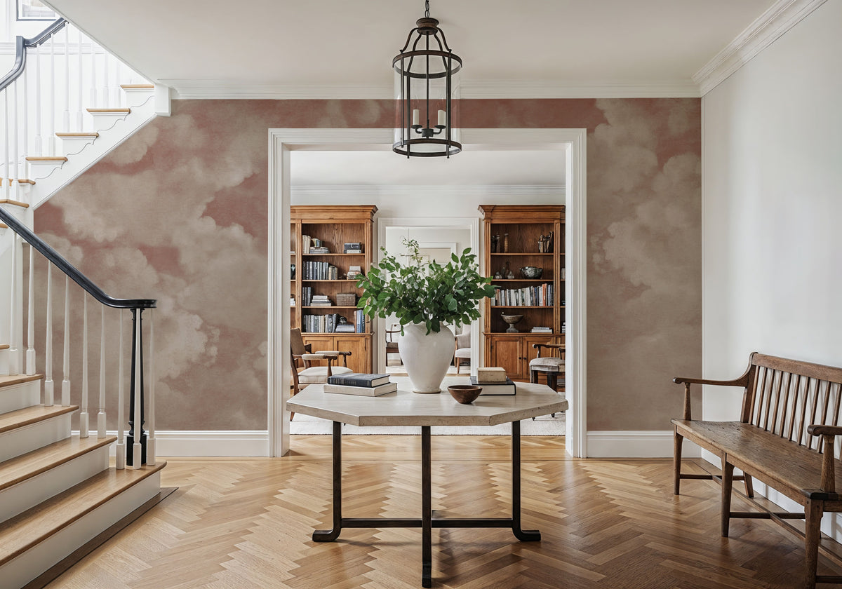Painted Dreamy Clouds, Dusty Rose Mural Wallpaper - room preview 05