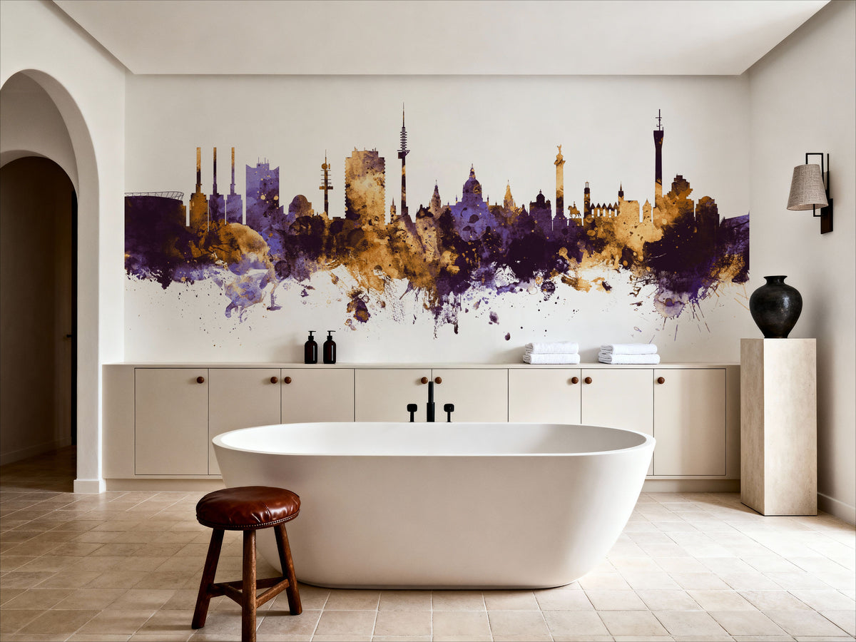 Hannover Germany Skyline Purple & Gold Mural Wallpaper - room preview 05