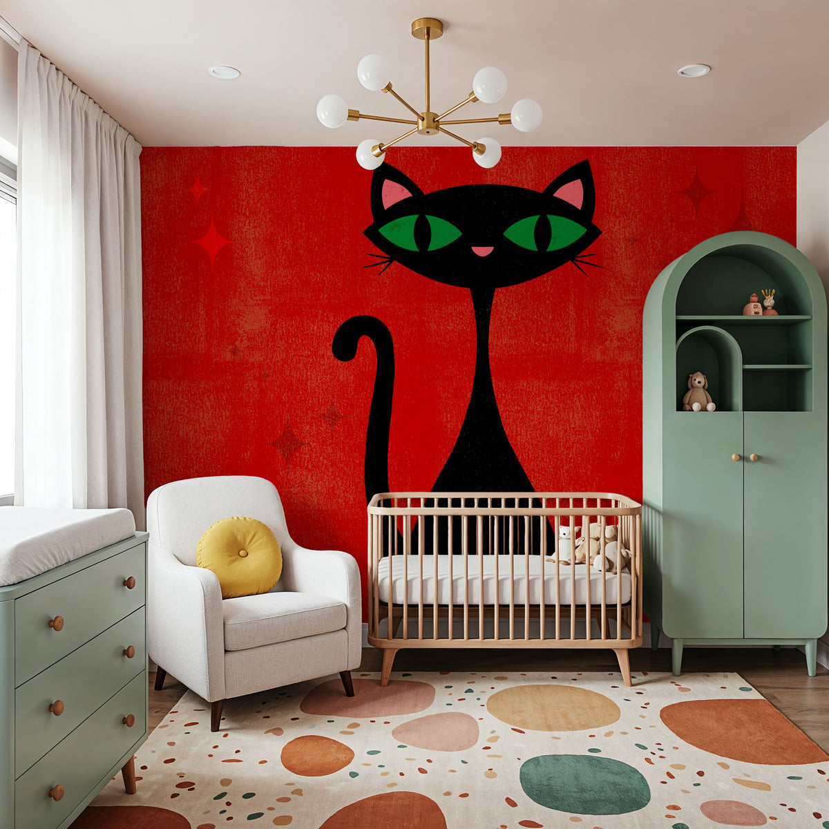 Retro Cat, Red Mural Wallpaper - room preview 05