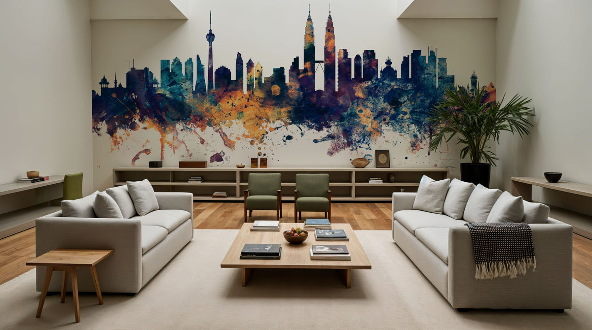 Kuala Lumpur Skyline Blue & Bronze Mural Wallpaper - room preview 05