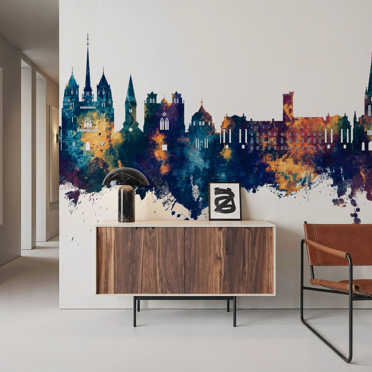 Dijon France Skyline Blue & Bronze Mural Wallpaper - room preview 05