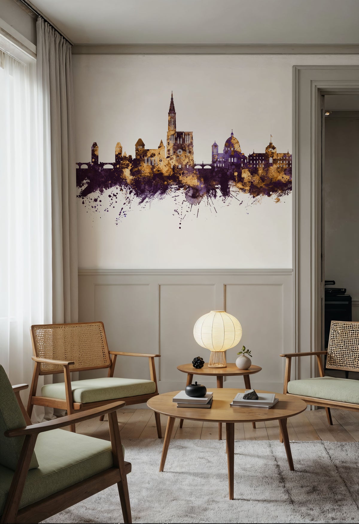 Strasbourg France Skyline Purple & Gold Mural Wallpaper - room preview 05