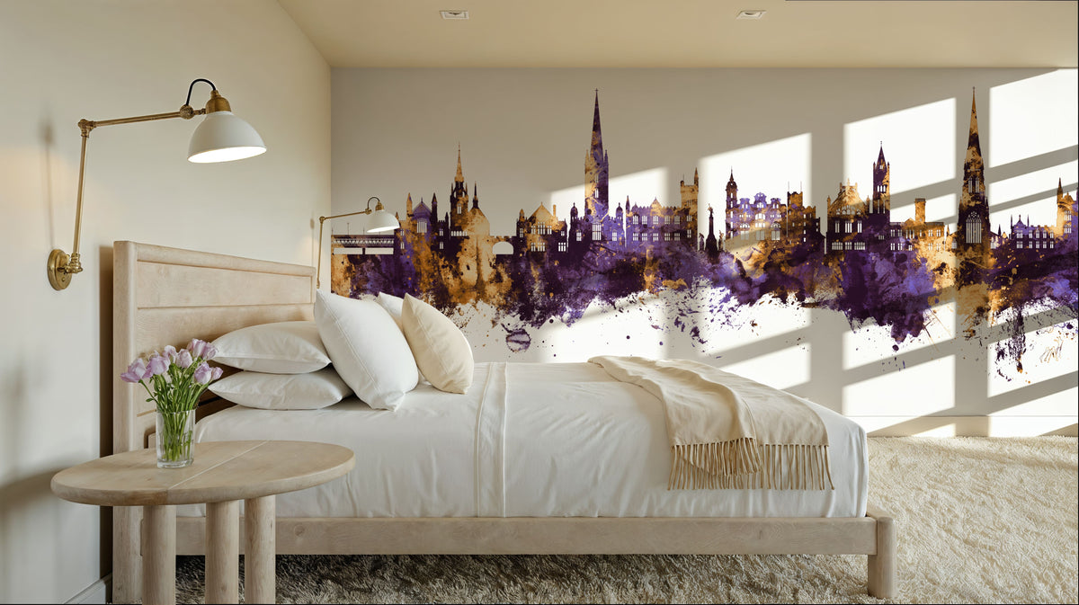 Derry Northern Ireland Skyline Purple & Gold Mural Wallpaper - room preview 05