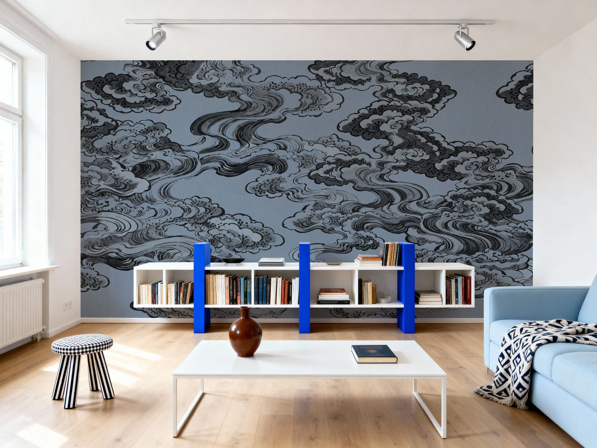 Ukiyo-e Clouds, Denim Blue Mural Wallpaper - room preview 05