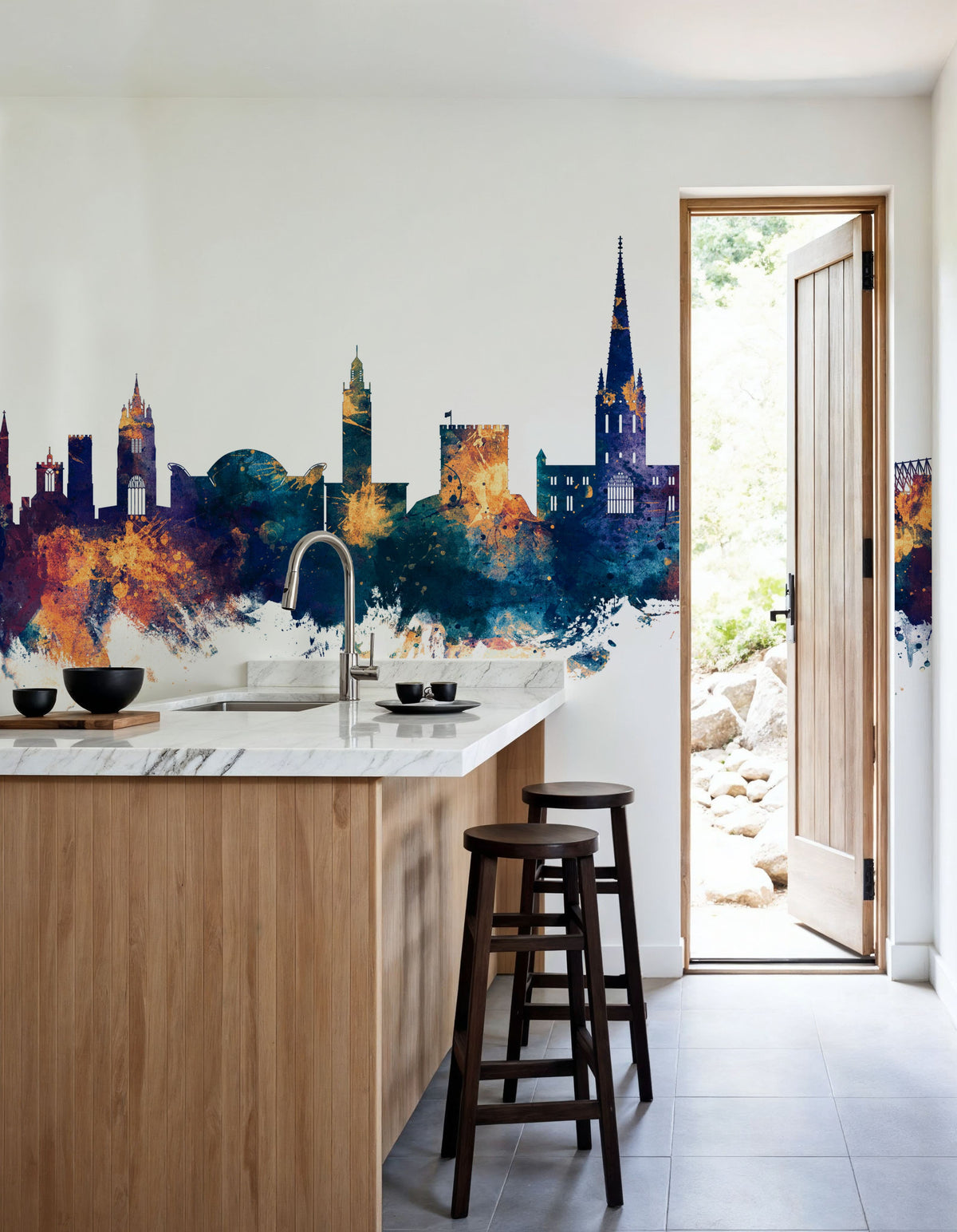 Norwich England Skyline Blue & Bronze Mural Wallpaper - room preview 05