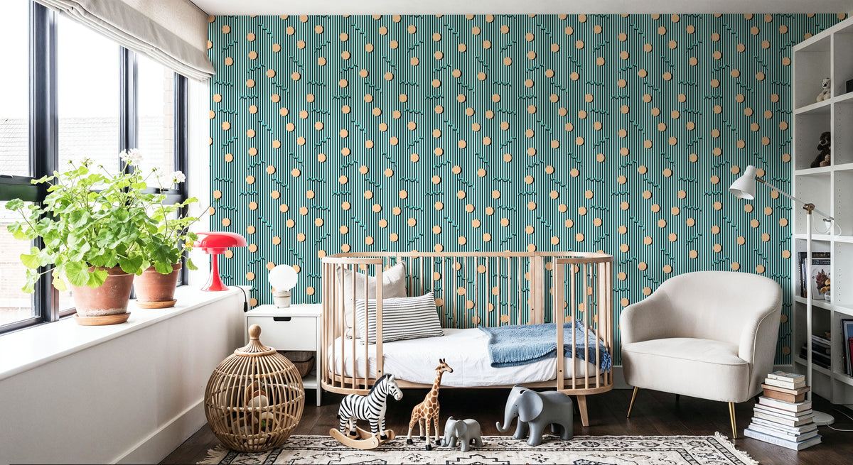 Memphis Dots & Stripes, Cyan Mural Wallpaper - room preview 05