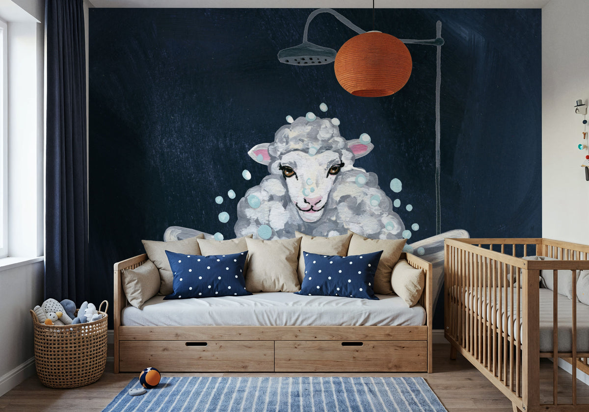 Sheep in Tub and Suds Texture Dark Mural Wallpaper - room preview 05