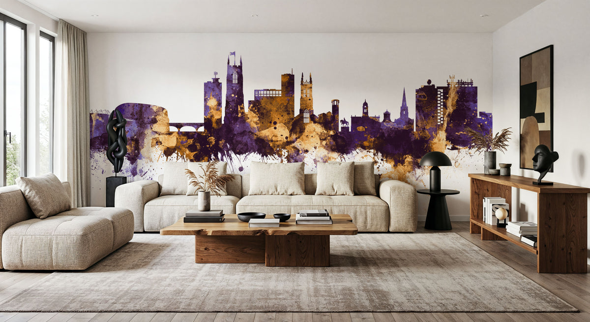 Derby England Skyline Purple & Gold Mural Wallpaper - room preview 05