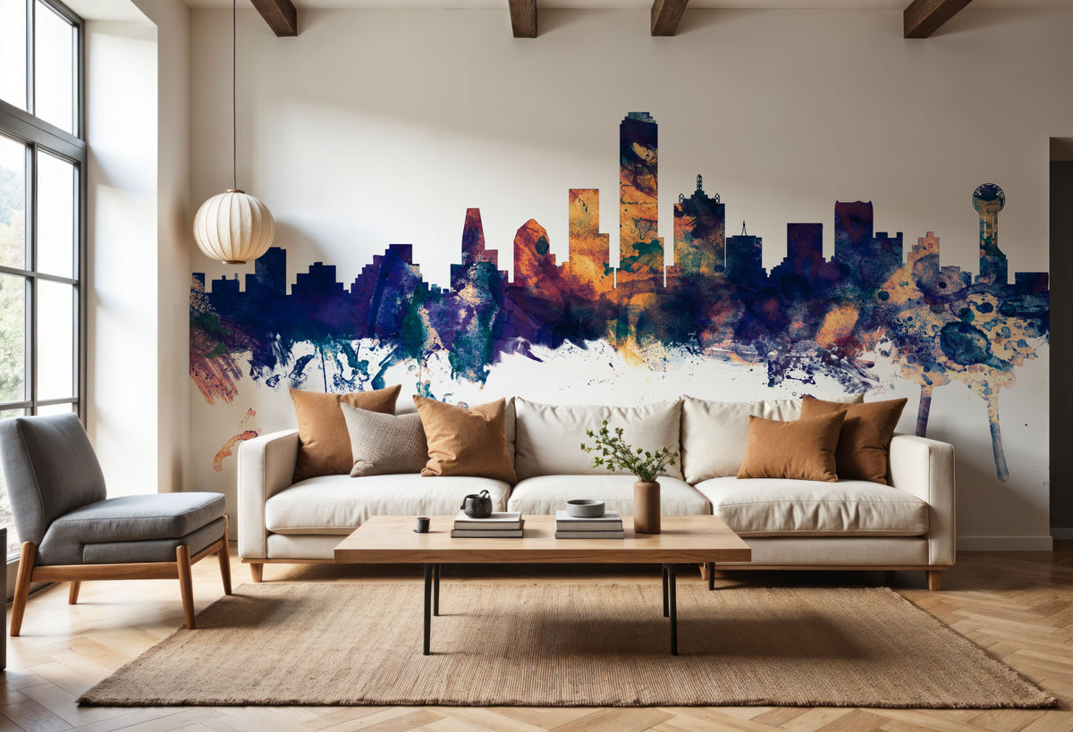 Dallas Skyline Blue & Bronze Mural Wallpaper - room preview 05
