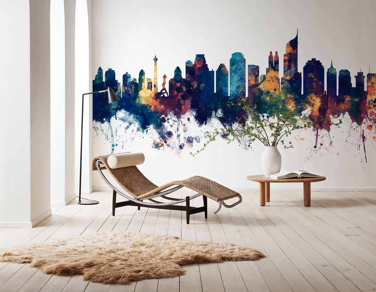 Jakarta Skyline Indonesia Blue & Bronze Mural Wallpaper - room preview 05